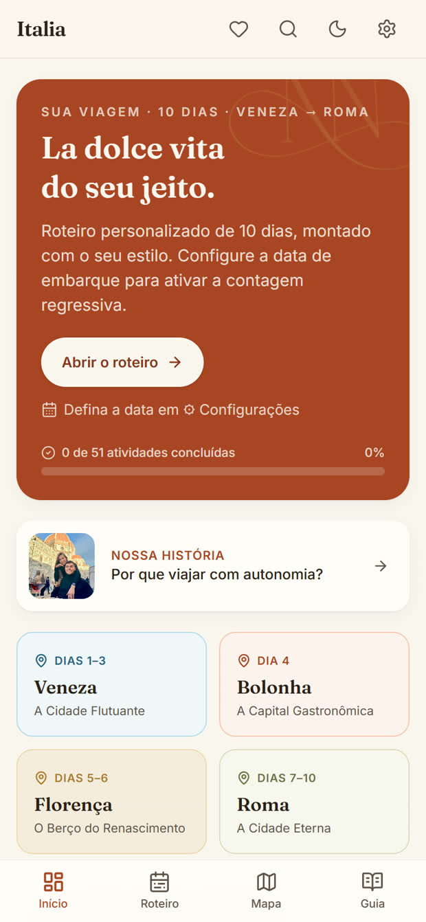 Tela inicial do guia, com o roteiro personalizado de 10 dias e as quatro cidades