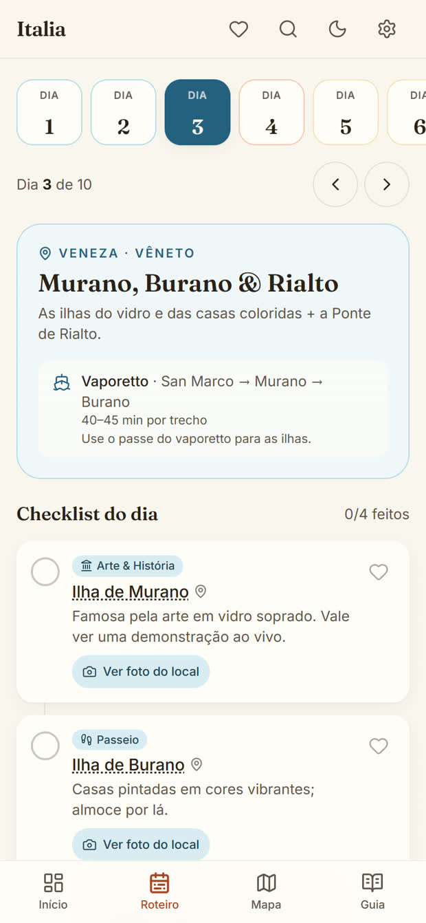 Roteiro do Dia 3 em Veneza, com o transporte do dia e o checklist de atividades