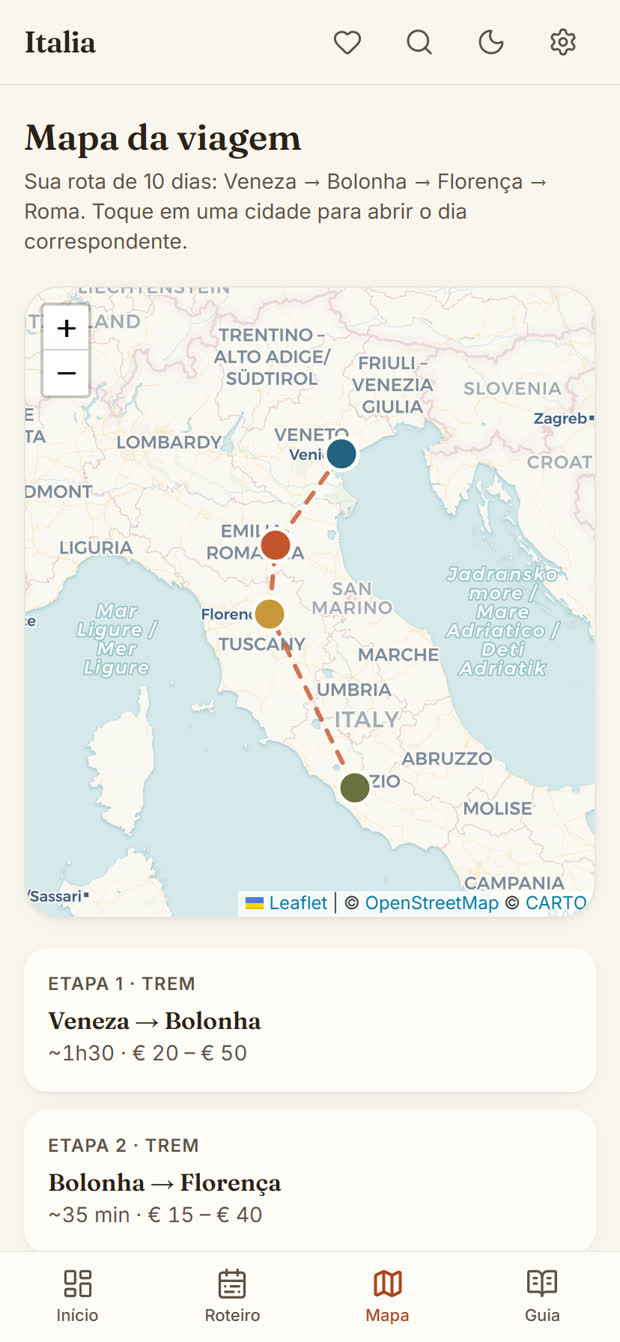 Mapa da viagem com a rota entre as cidades e os trechos de trem