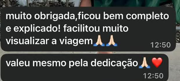 Print da conversa em que Karine agradece e diz que o roteiro facilitou visualizar a viagem