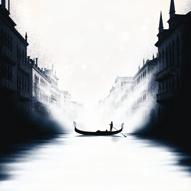 Ilustração de uma gôndola deslizando por um canal de Veneza iluminado à noite