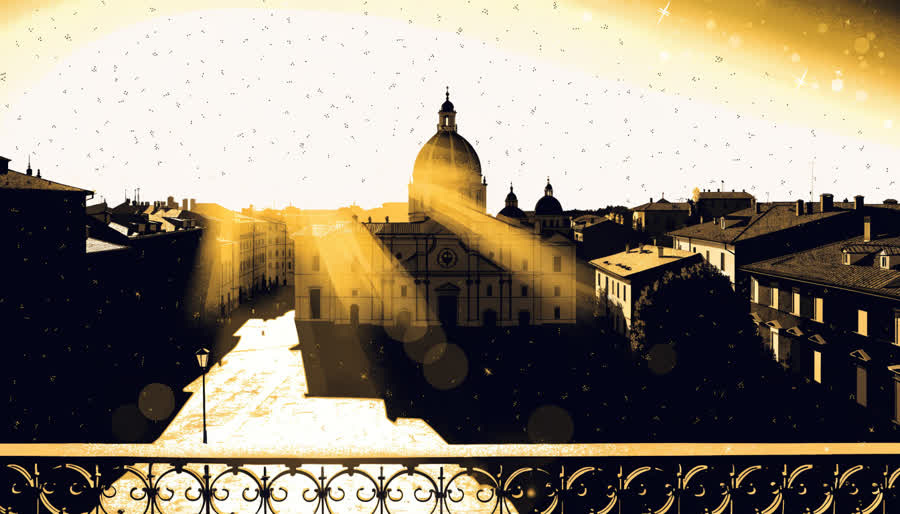 Ilustração de uma varanda de hotel italiano com vista para a praça e a cúpula da catedral ao anoitecer