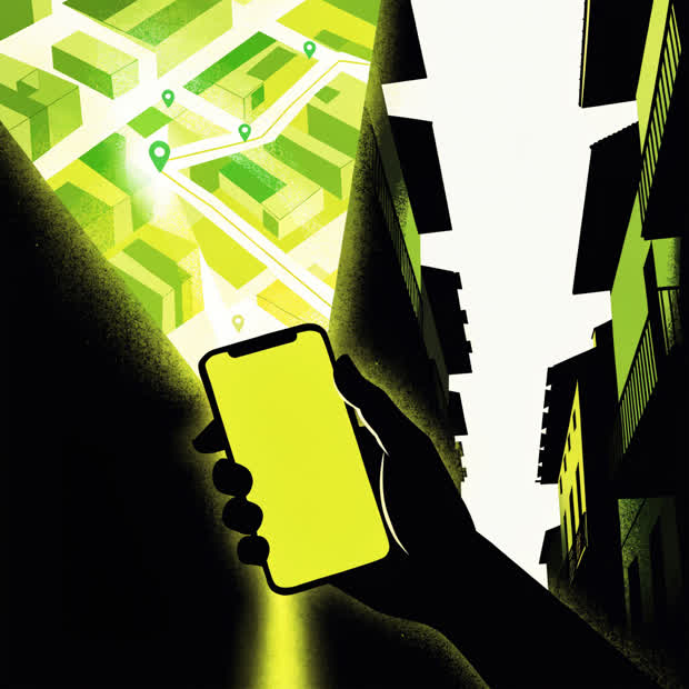 Ilustração de uma mão segurando um celular com um mapa iluminado, numa rua estreita italiana