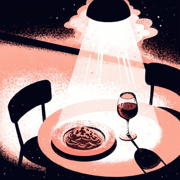 Ilustração de uma mesa de trattoria italiana com massa e vinho sob a luz quente de uma luminária