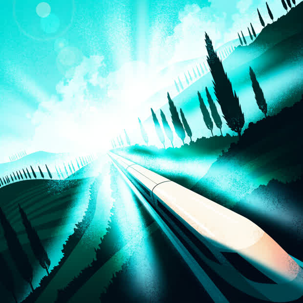 Ilustração de um trem de alta velocidade cruzando as colinas da Toscana entre ciprestes
